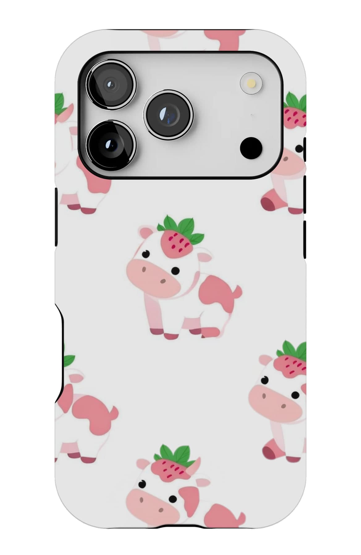 Pigs carrying strawberries on white. Shown on an iPhone.