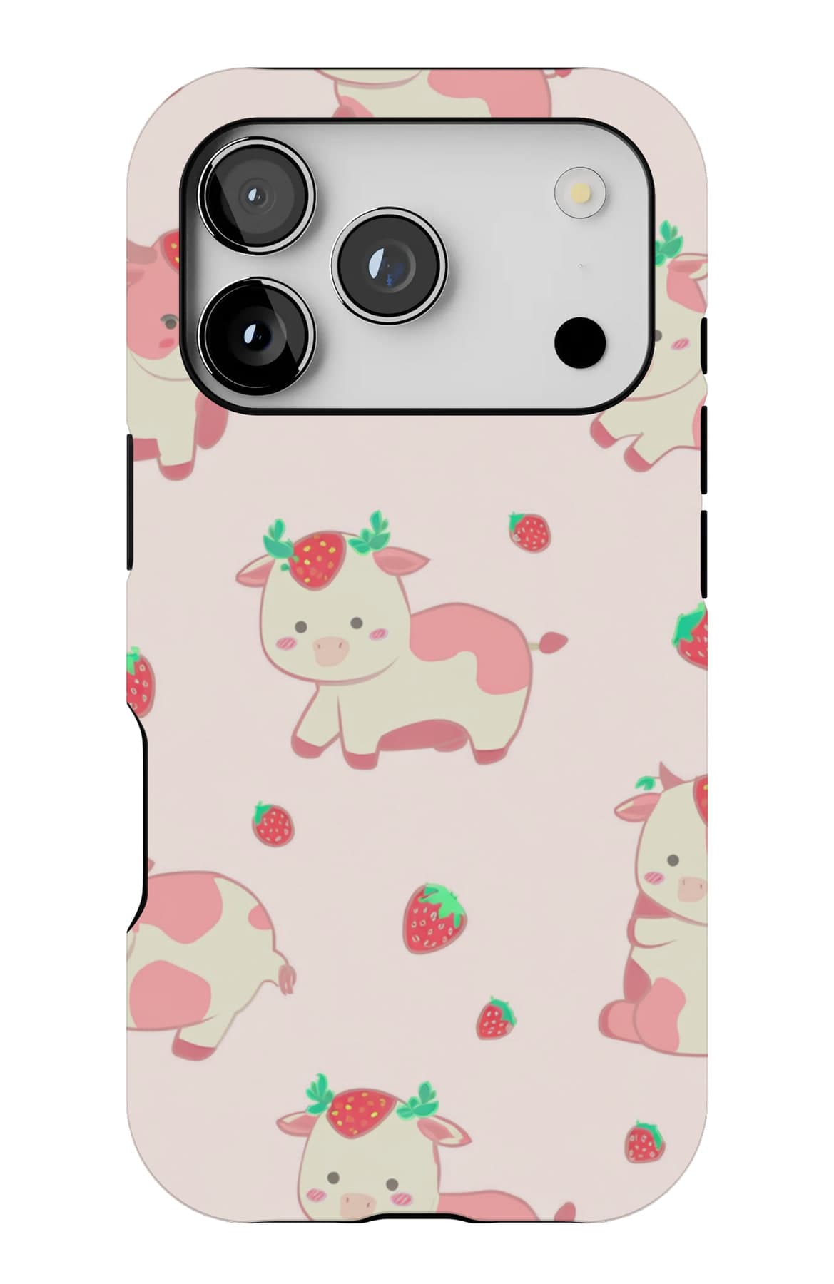 Pigs among strawberries on pale pink. Shown on an iPhone.