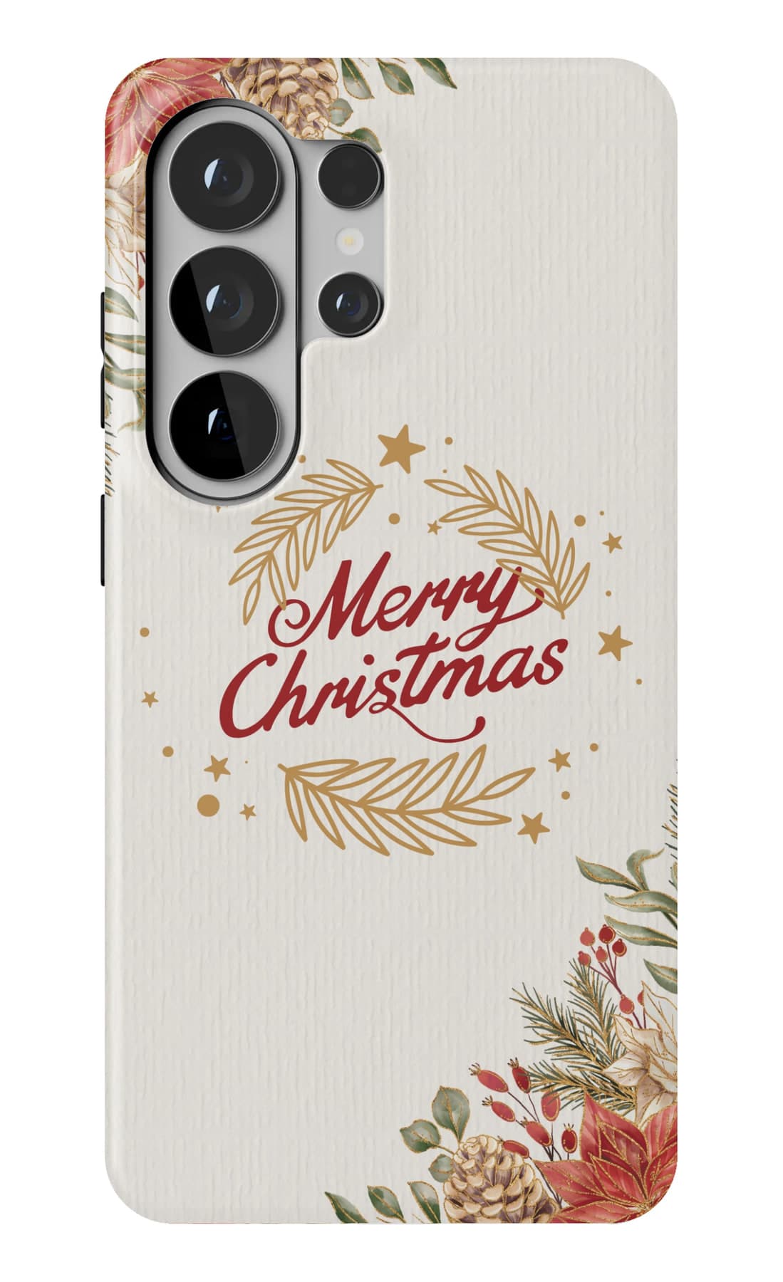Gold script laid over pine and winter berries. Shown on a Galaxy.