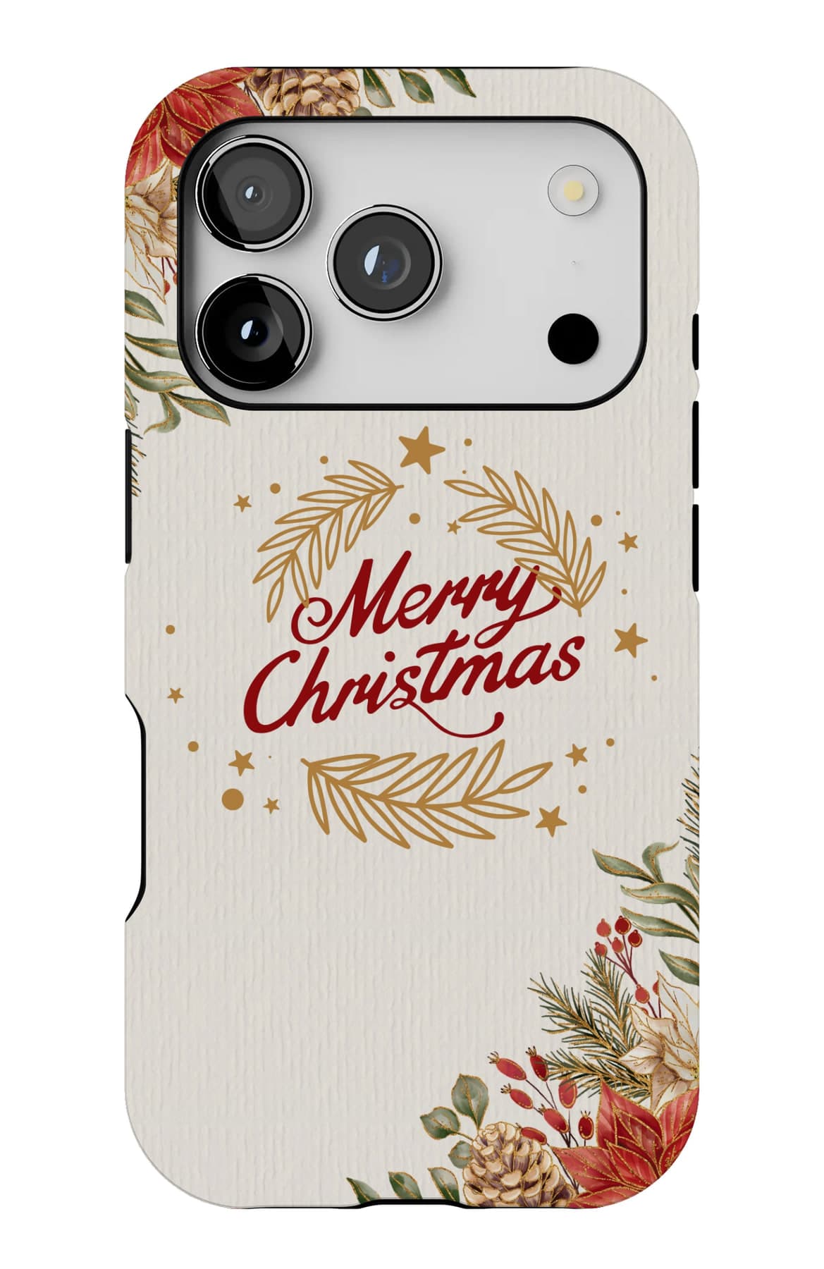 Gold script laid over pine and winter berries. Shown on an iPhone.