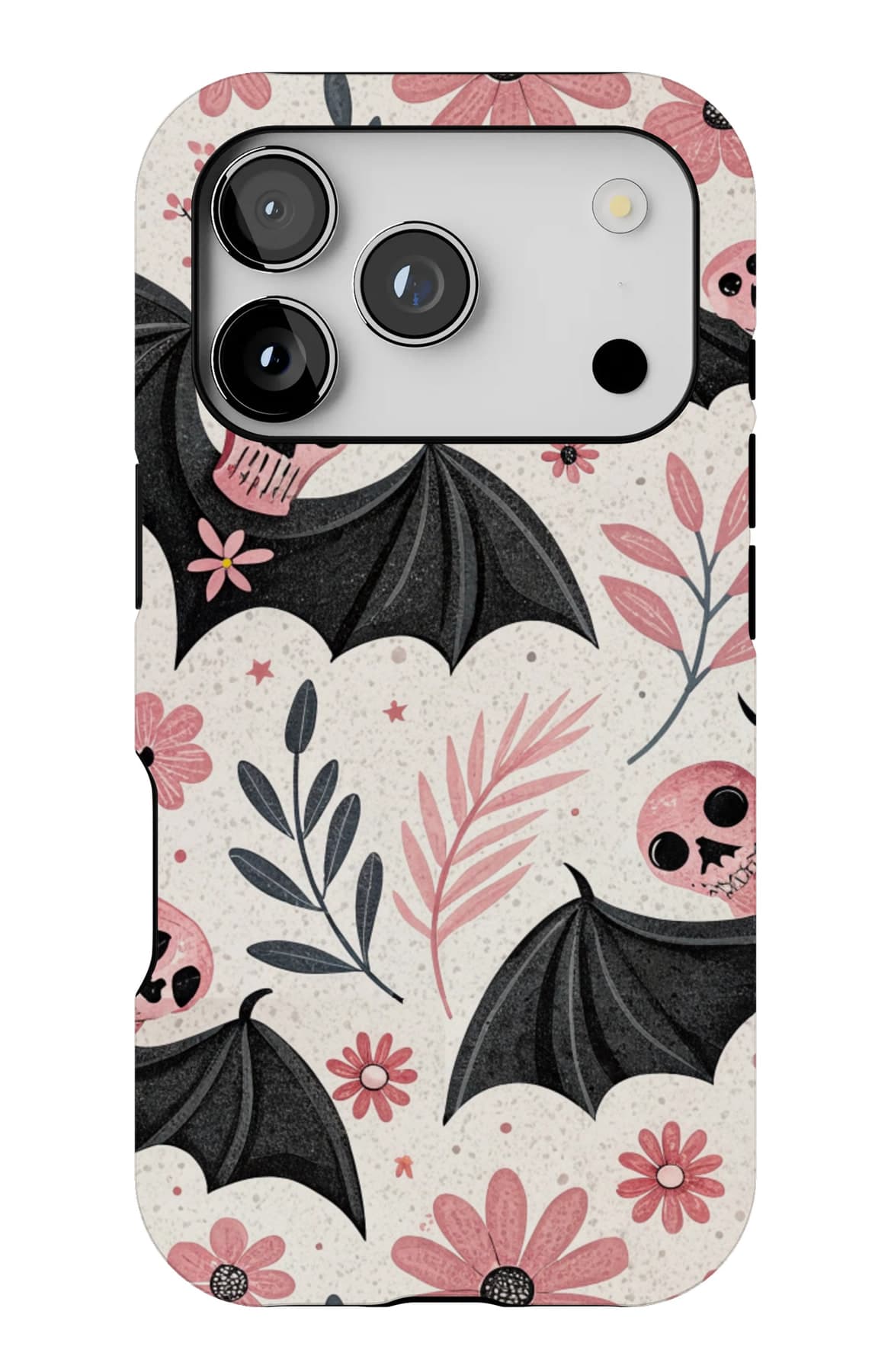 Bats and blossom on pink. Shown on an iPhone.
