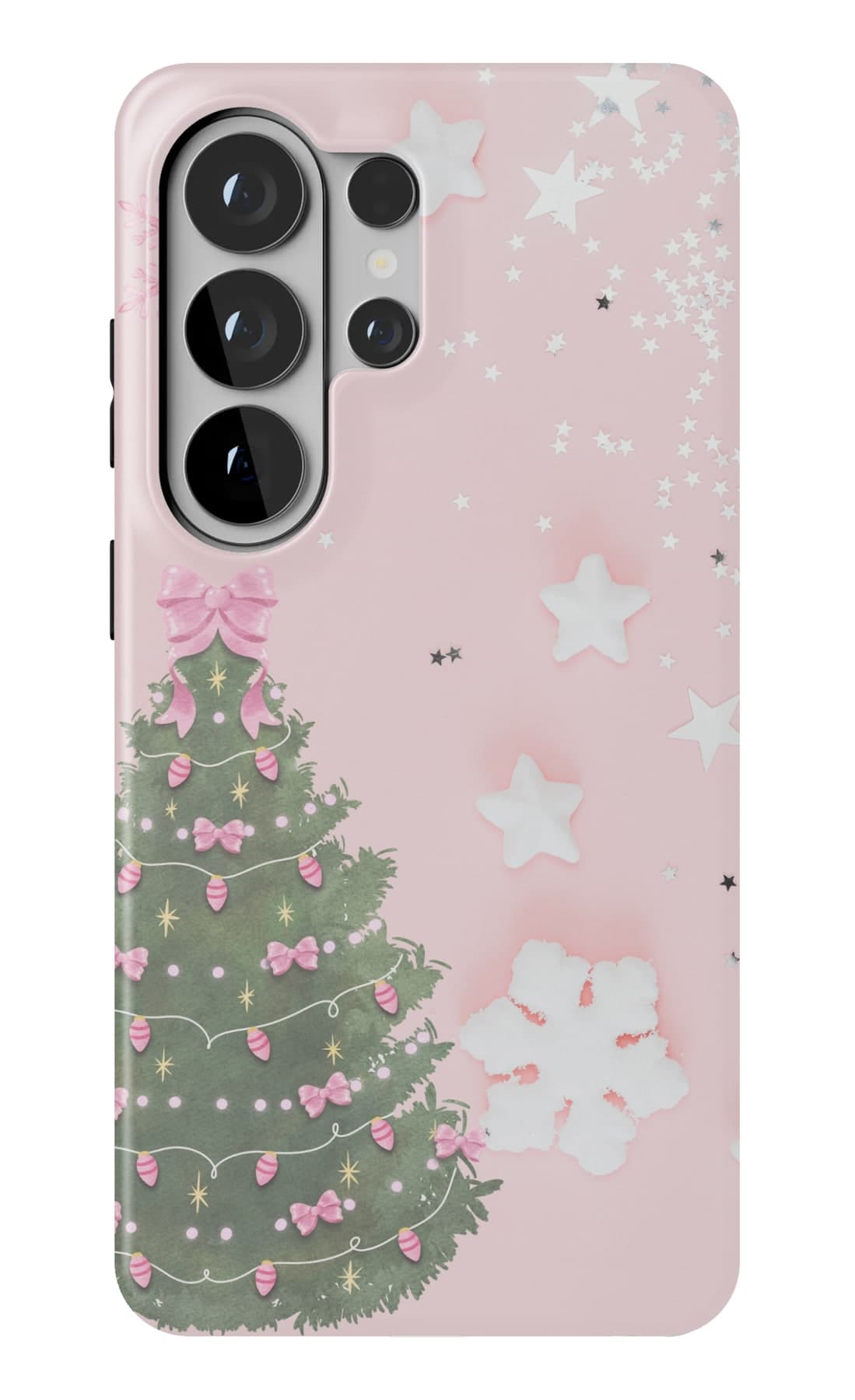 A pale pink sky behind one snow-dusted fir. Shown on a Galaxy.