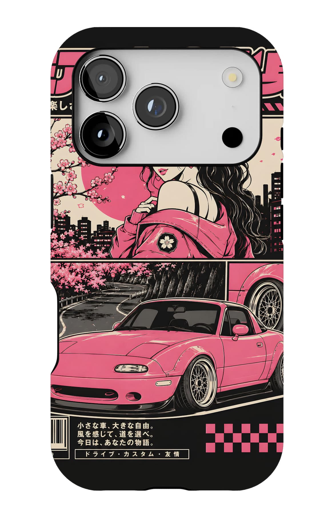 A pink roadster under cherry blossom. Shown on an iPhone.