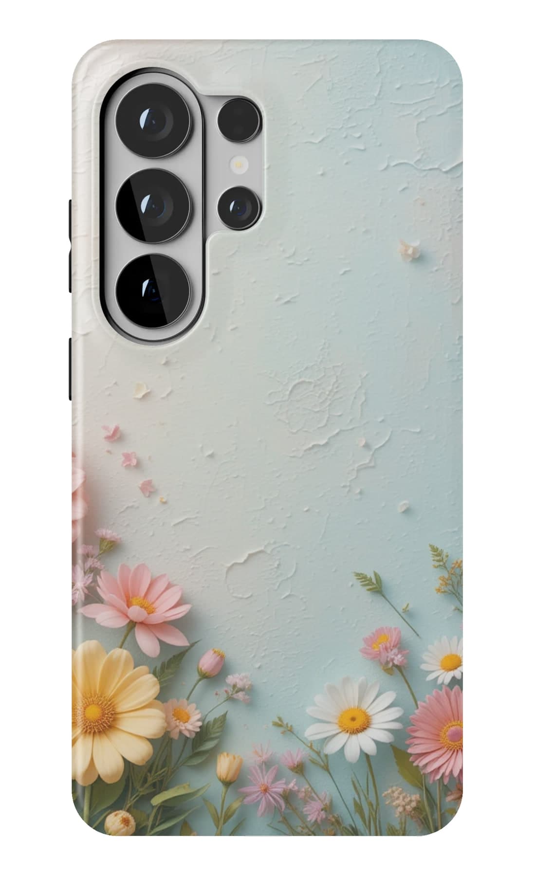 Daisies against pale textured plaster. Shown on a Galaxy.