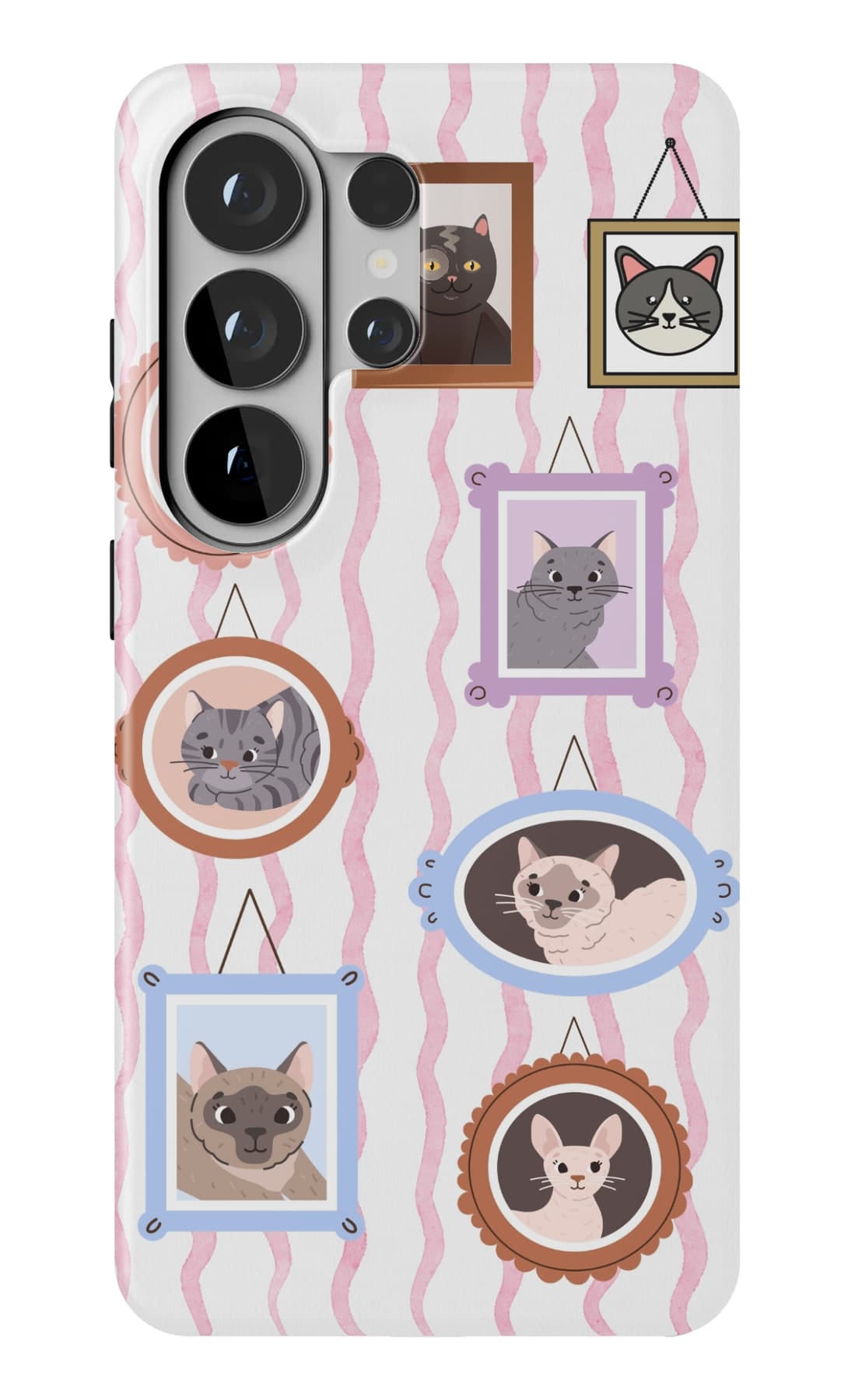 A gallery wall of cat portraits on striped paper. Shown on a Galaxy.