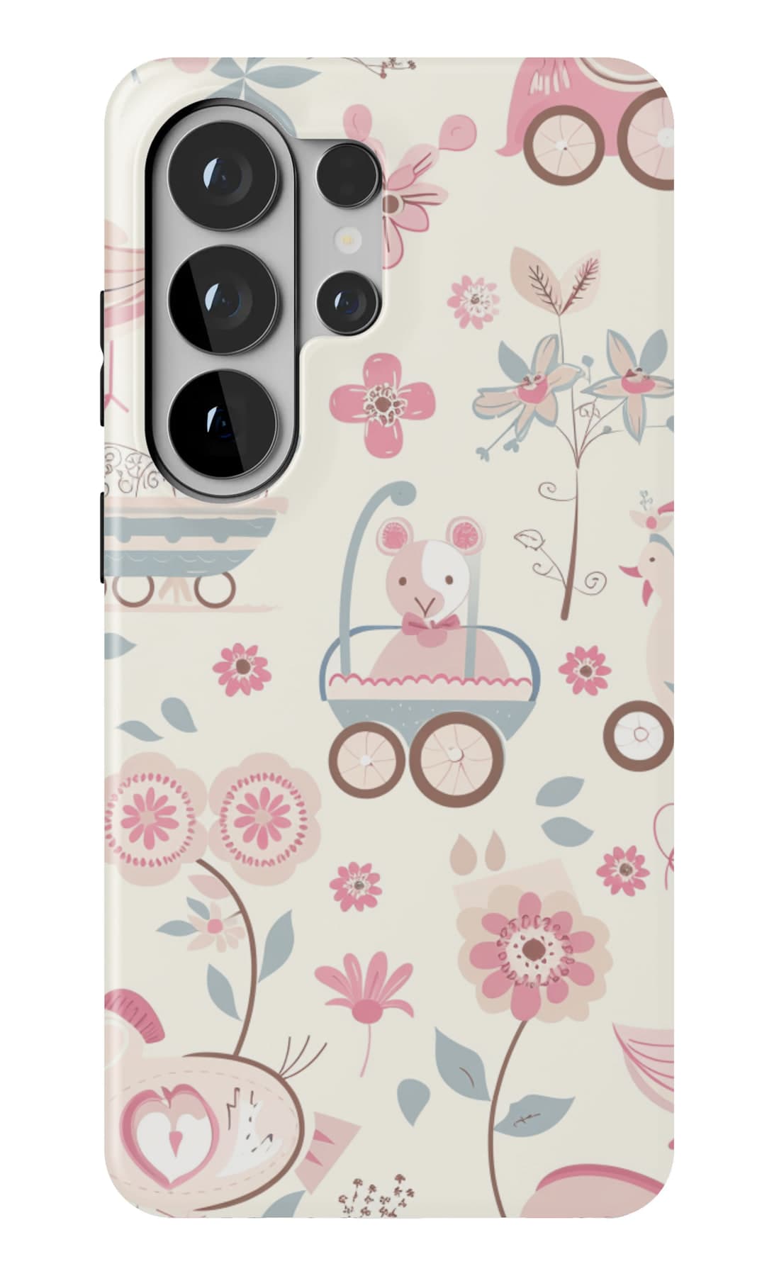 Birds, prams and toys on pink. Shown on a Galaxy.