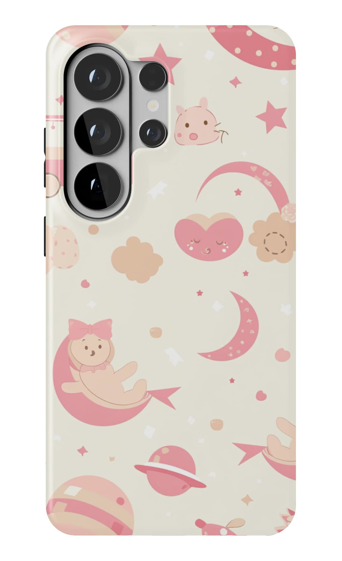 Prams, moons and hearts on cream. Shown on a Galaxy.