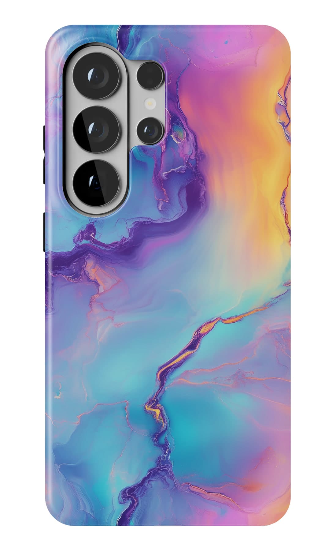 Violet, blue and gold in poured ink. Shown on a Galaxy.