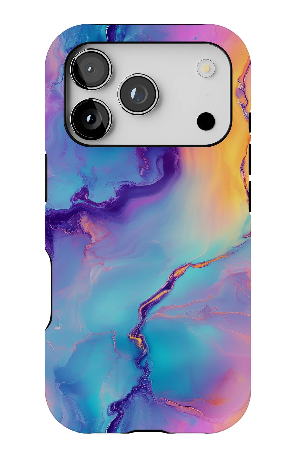 Violet, blue and gold in poured ink. Shown on an iPhone.