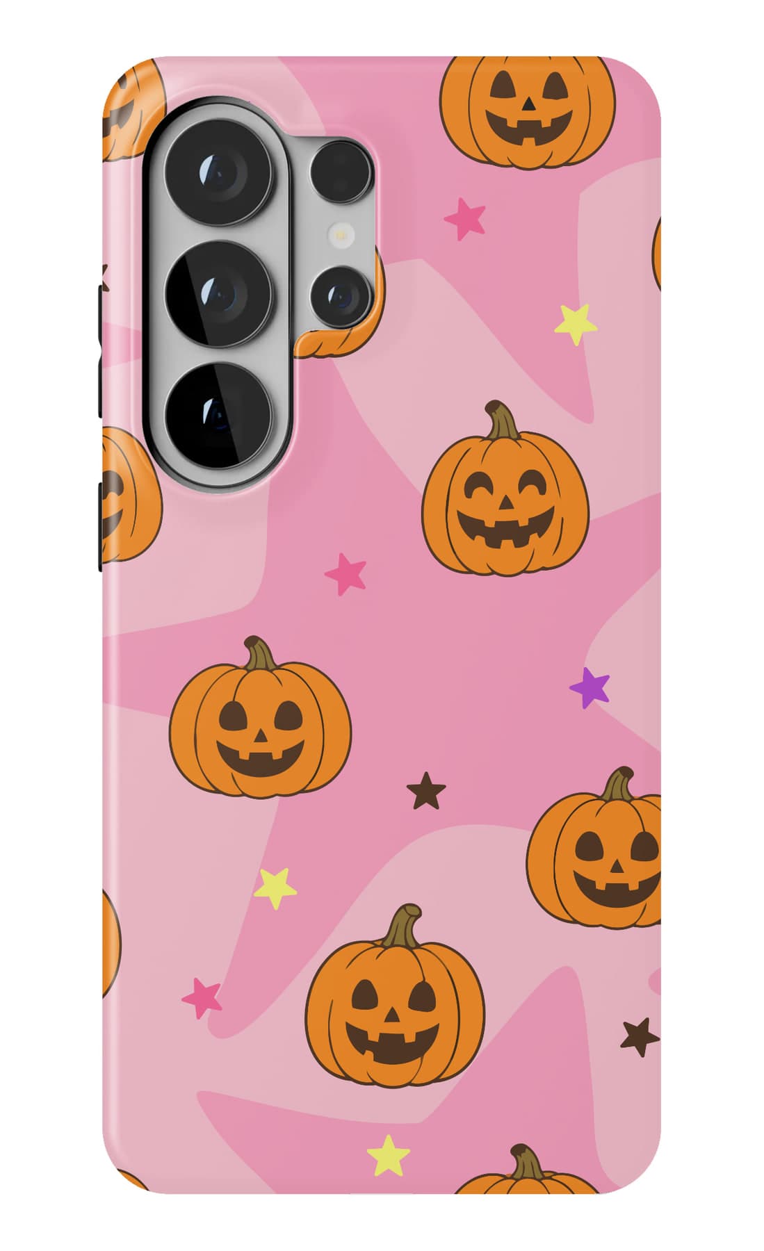 Orange pumpkins and stars on pink. Shown on a Galaxy.