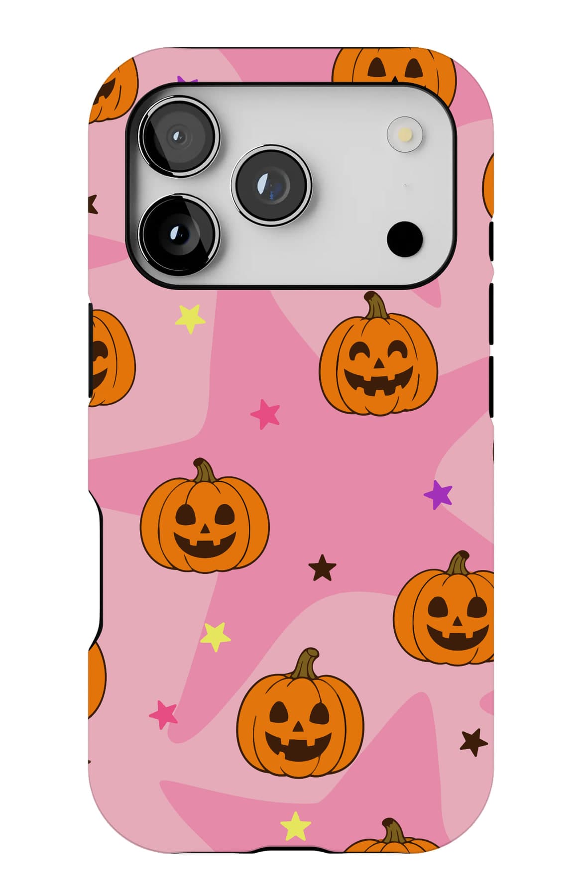 Orange pumpkins and stars on pink. Shown on an iPhone.