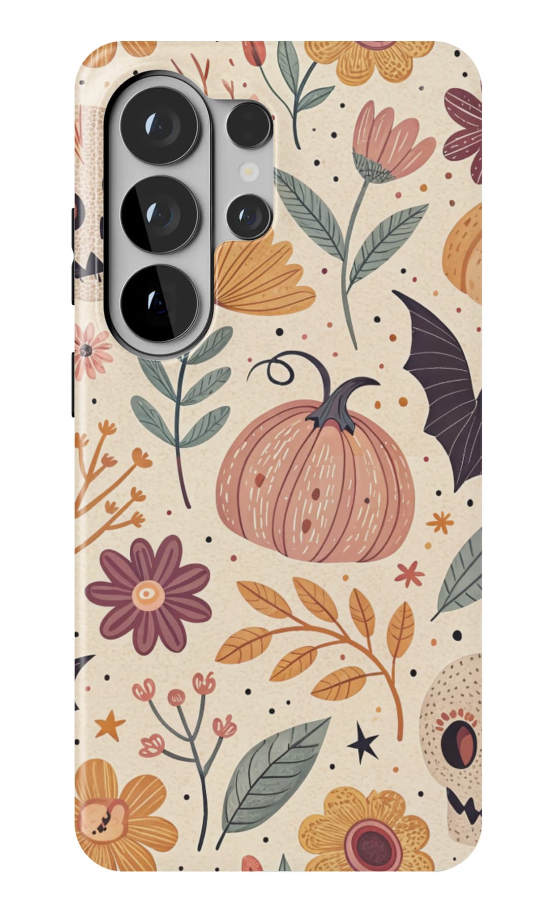 Pumpkins, bats and flowers on cream. Shown on a Galaxy.