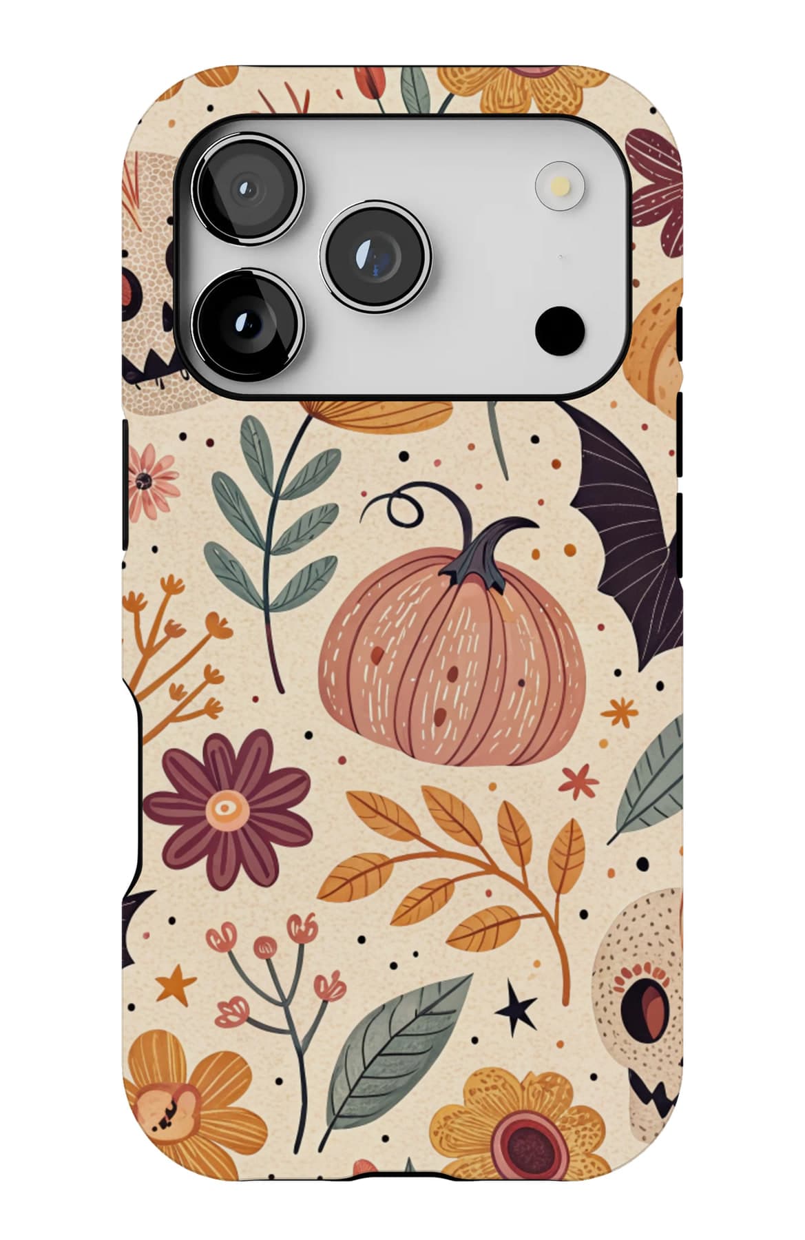 Pumpkins, bats and flowers on cream. Shown on an iPhone.