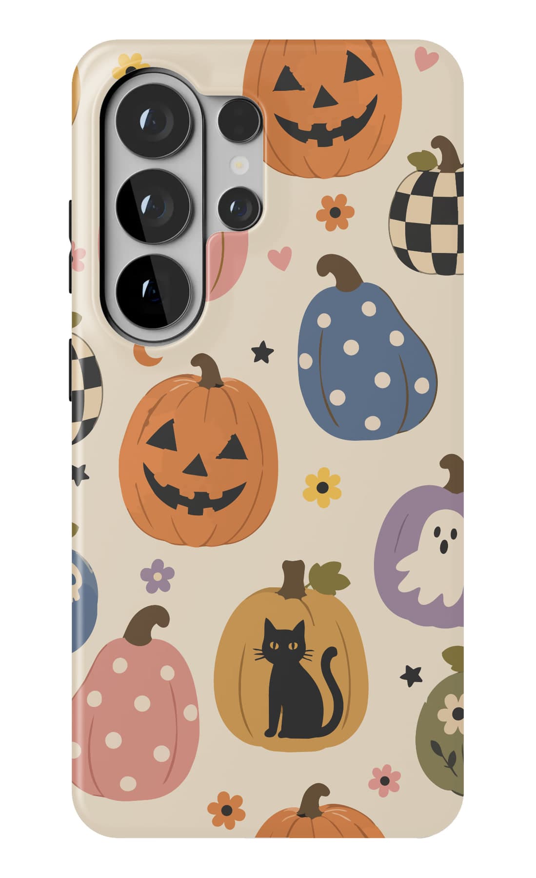 Pumpkins, black cats and ghosts on cream. Shown on a Galaxy.