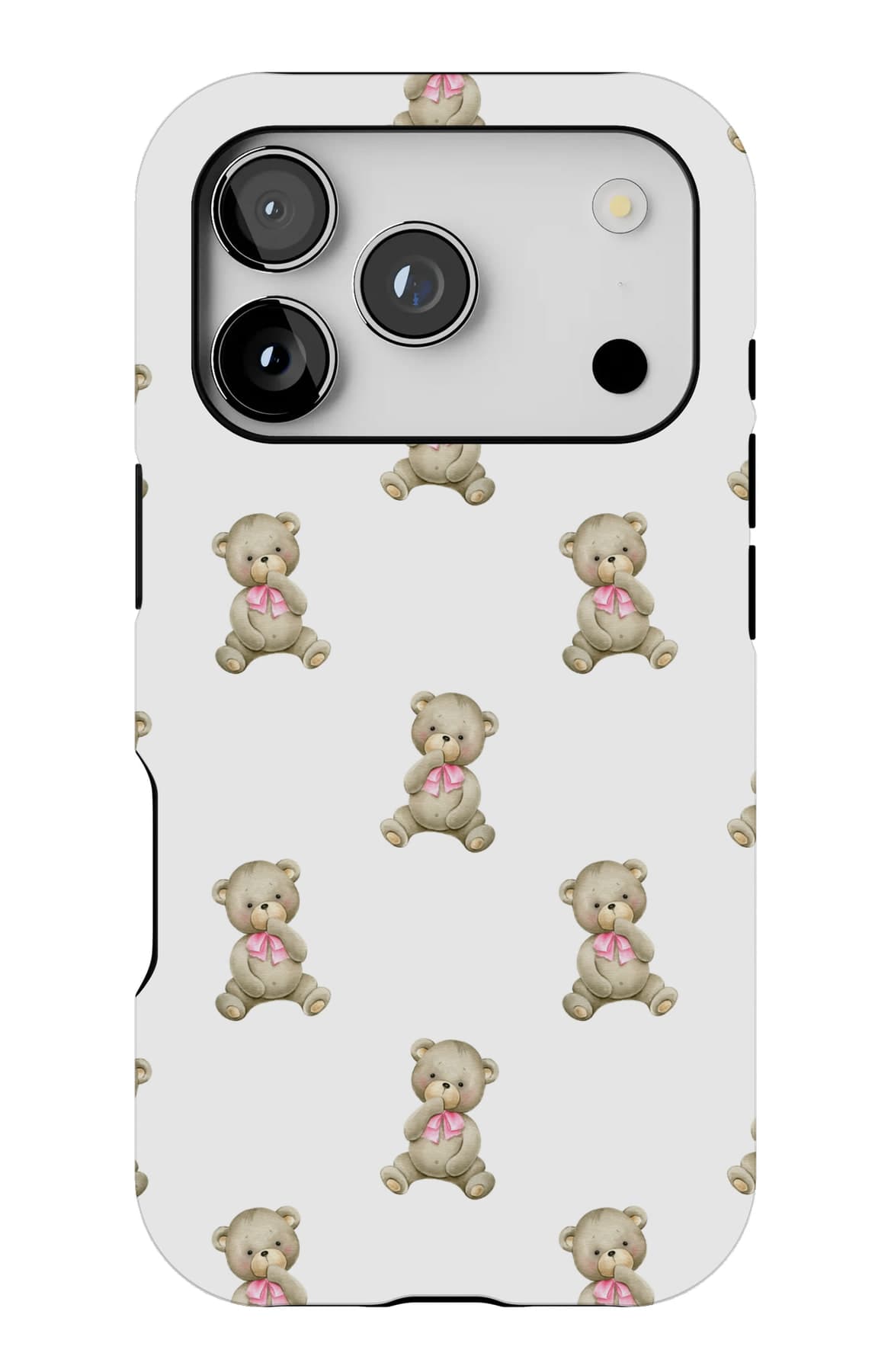 Grey bears, widely spaced on white. Shown on an iPhone.