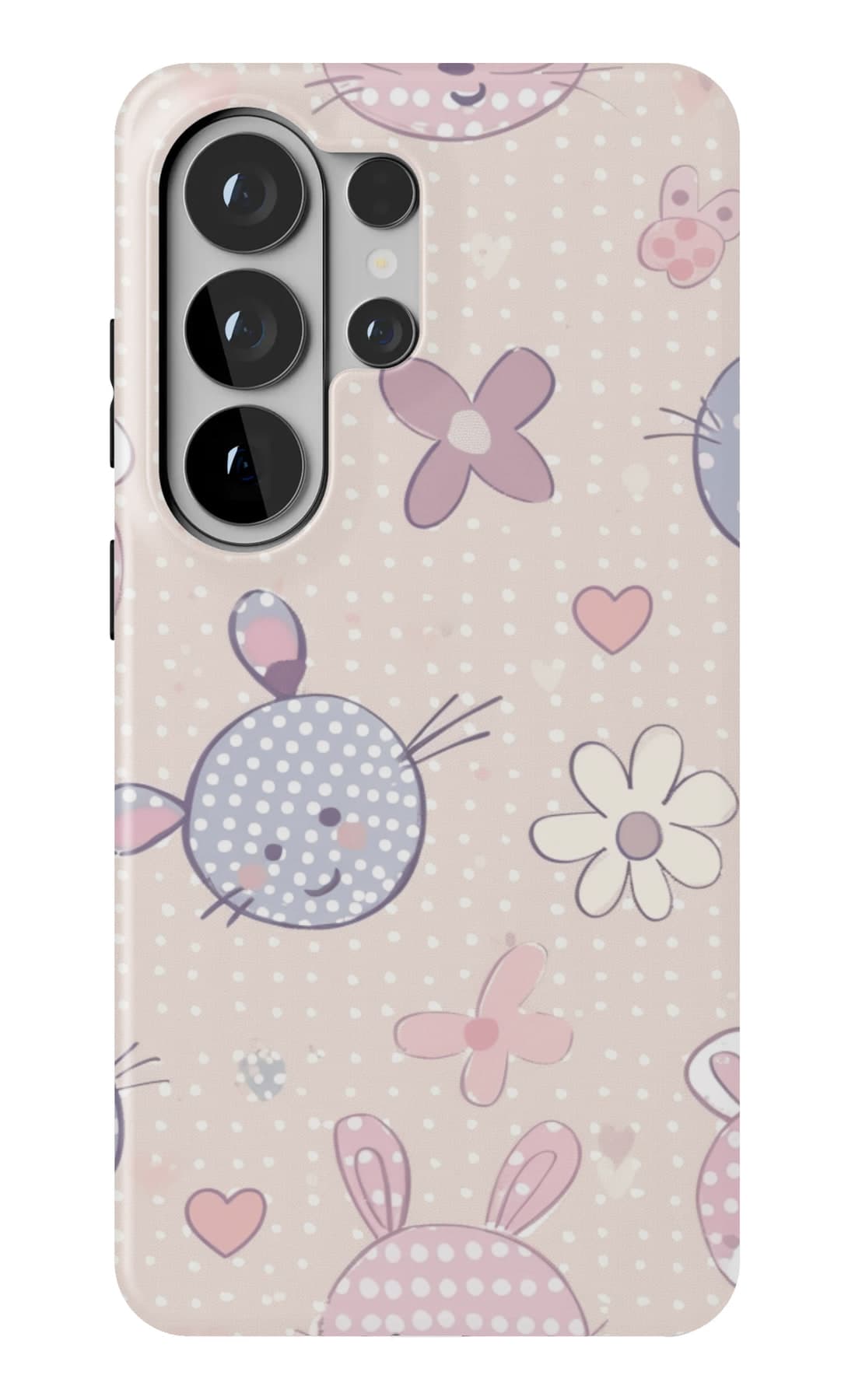Lilac rabbits and ribbon on cream. Shown on a Galaxy.
