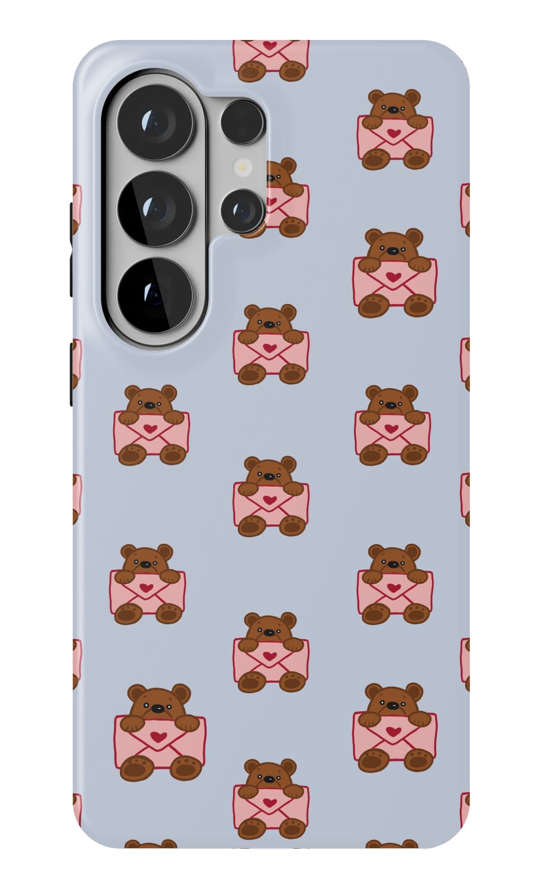 Bears in red bows on periwinkle. Shown on a Galaxy.