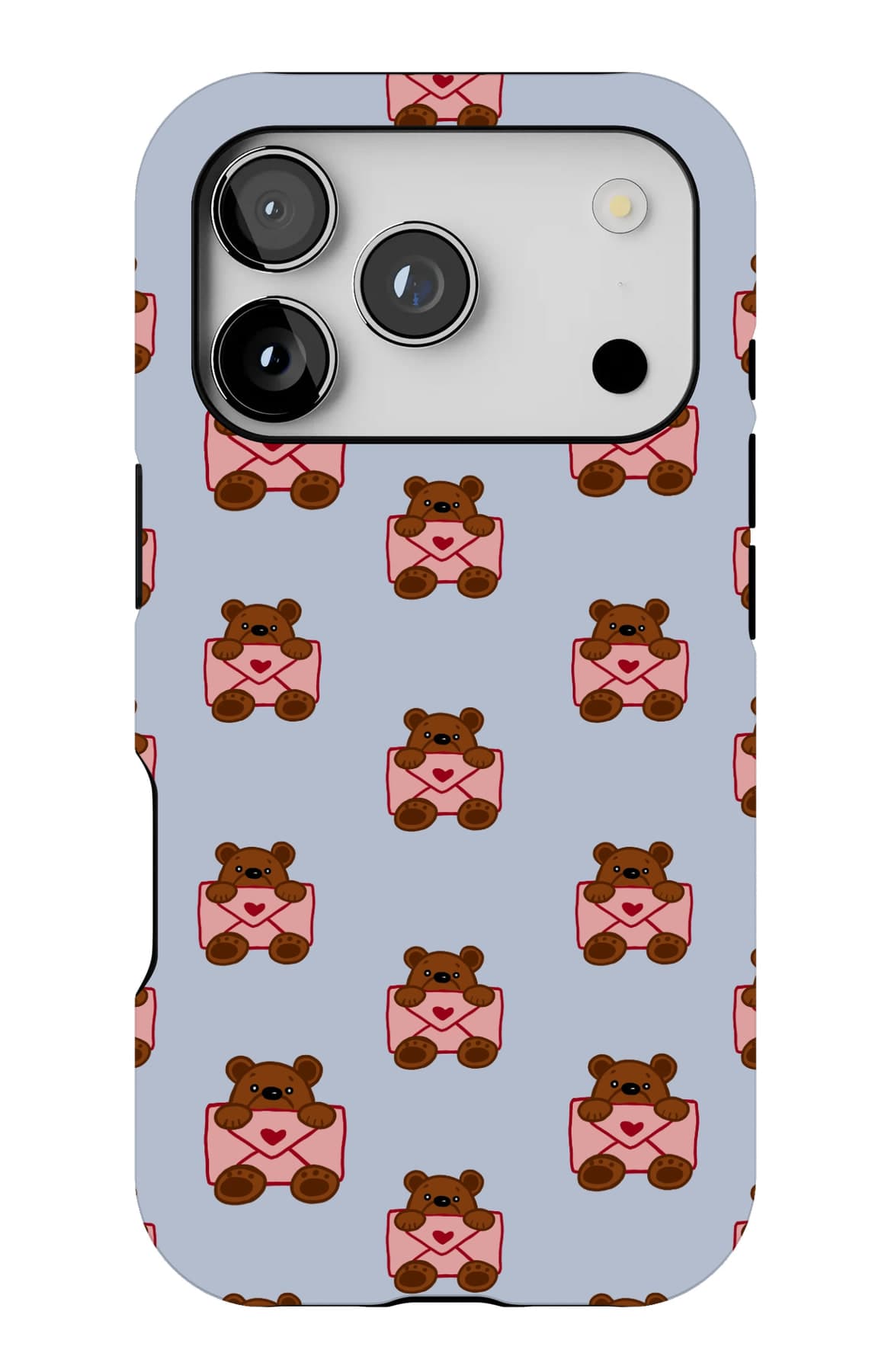 Bears in red bows on periwinkle. Shown on an iPhone.