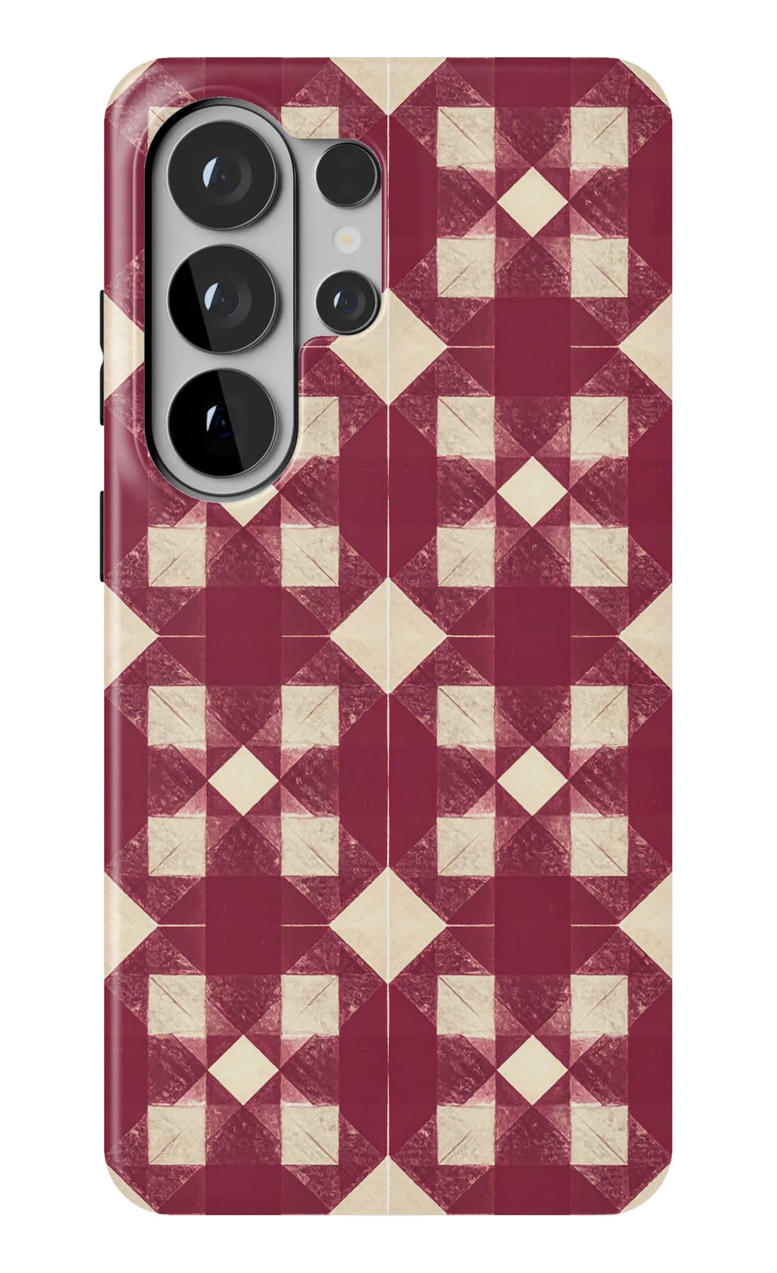 A deep red diamond lattice on cream. Shown on a Galaxy.
