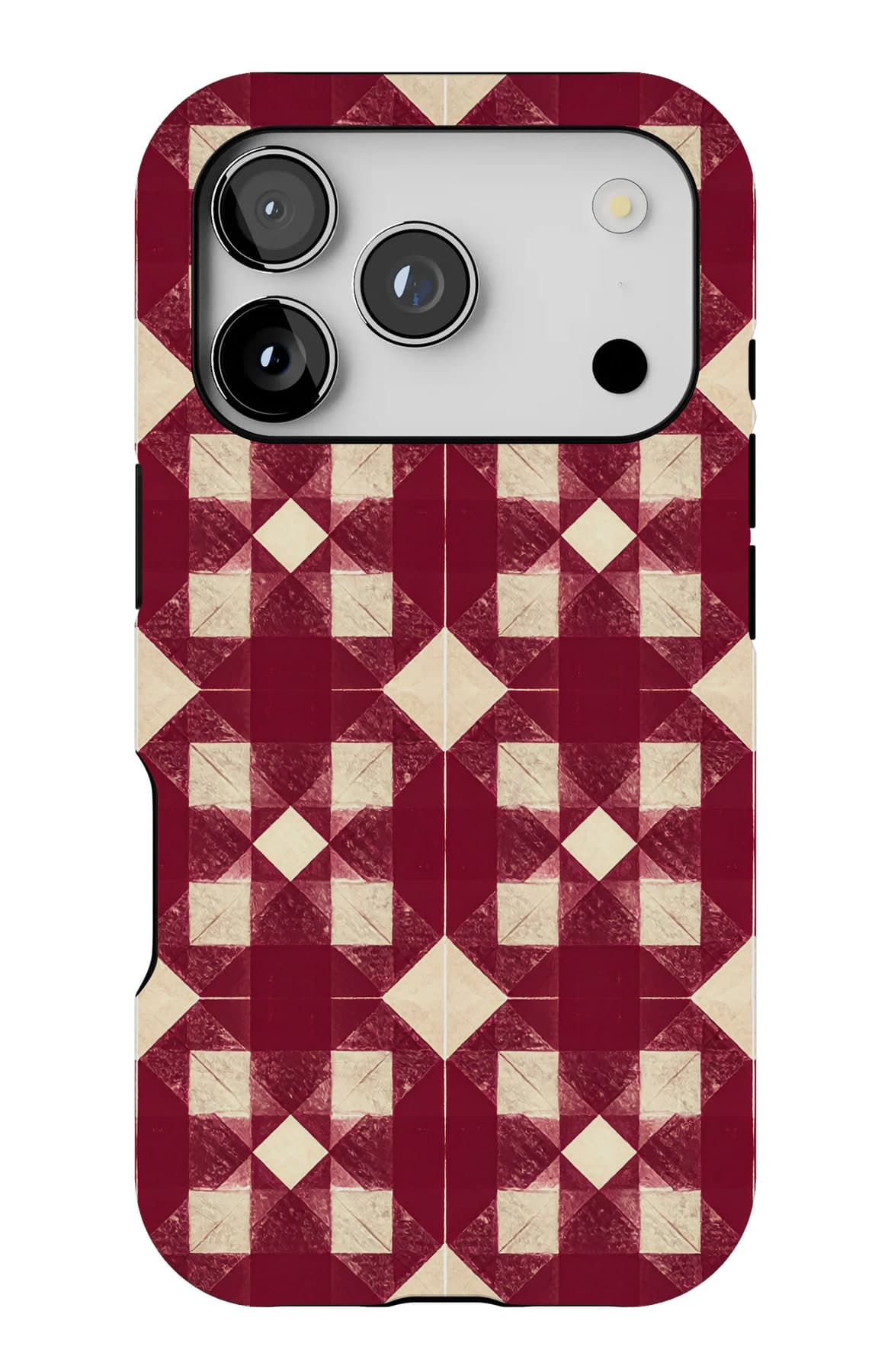 A deep red diamond lattice on cream. Shown on an iPhone.