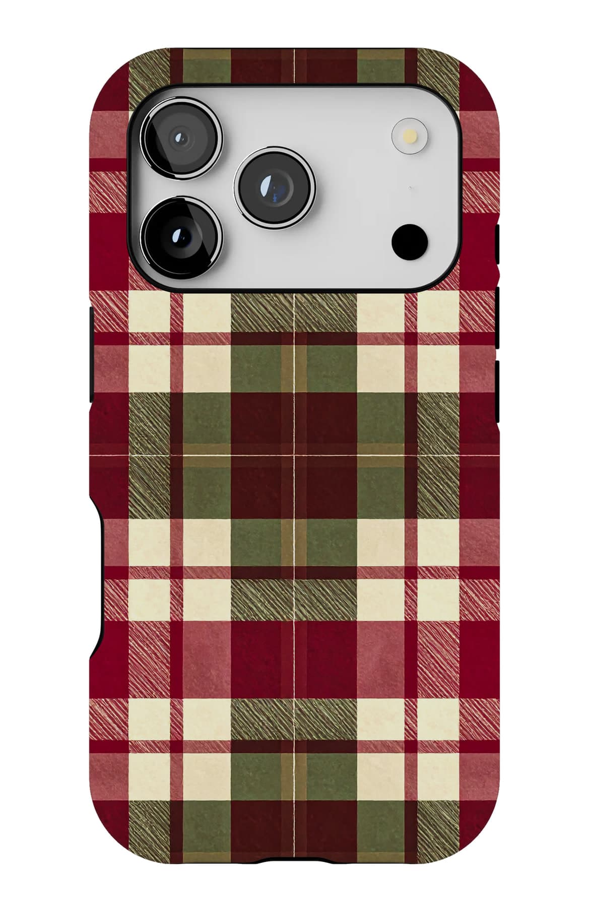 Red and green crossing over cream. Shown on an iPhone.