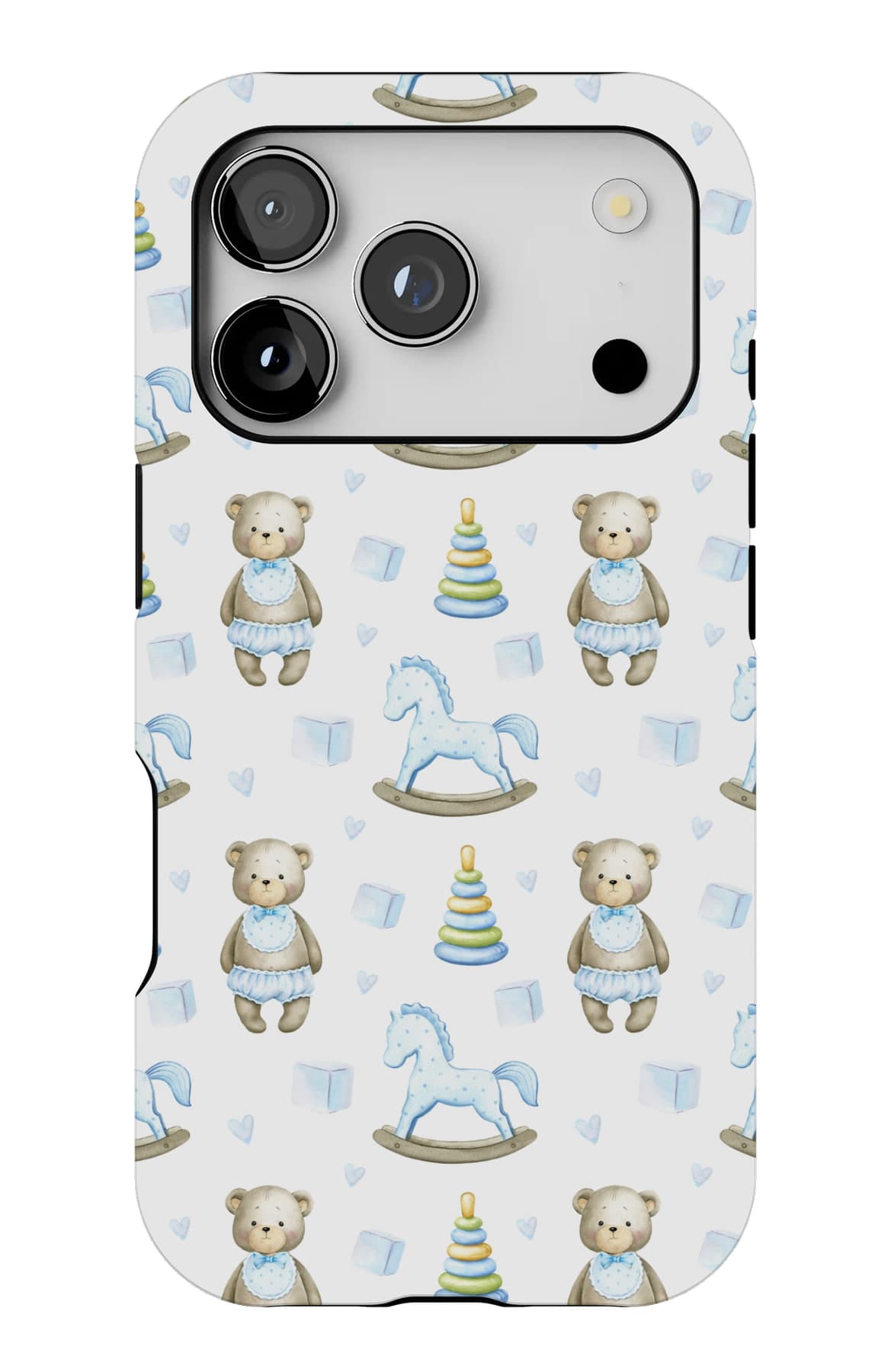 Rocking horses and bunting on white. Shown on an iPhone.