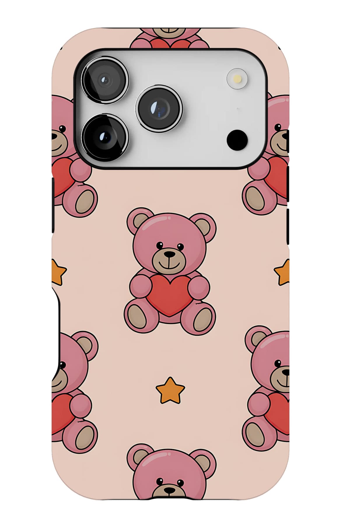 Teddies holding roses on pink. Shown on an iPhone.