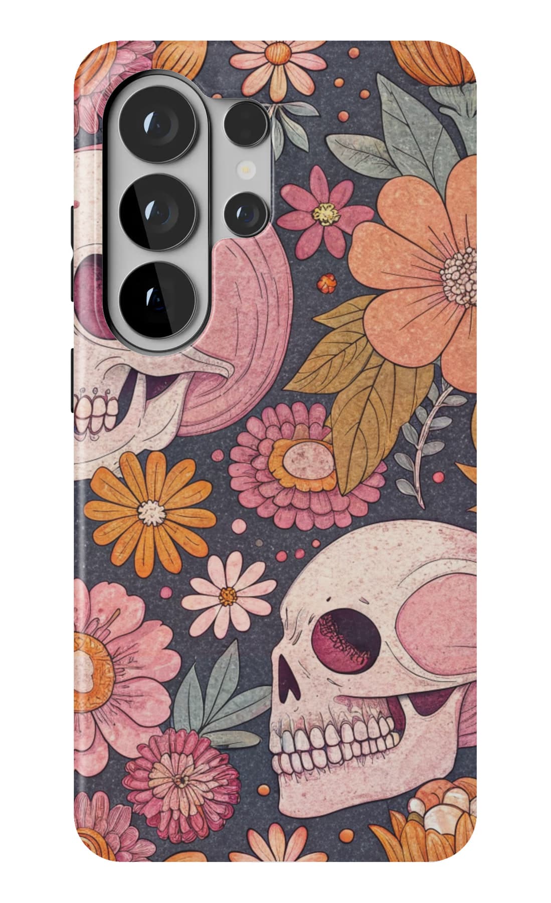 A pink skull among dark blooms. Shown on a Galaxy.