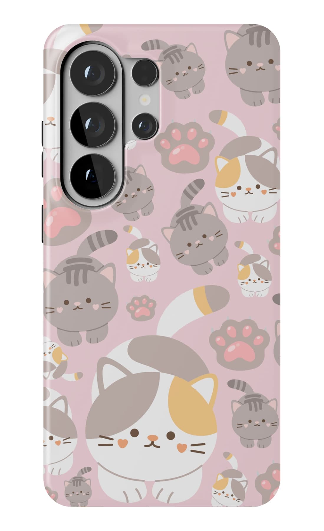 Round calico and grey cats on pink. Shown on a Galaxy.
