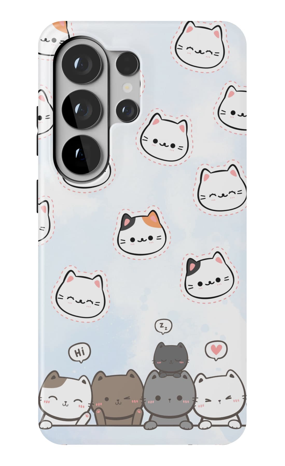 A row of very round cats on pale blue. Shown on a Galaxy.