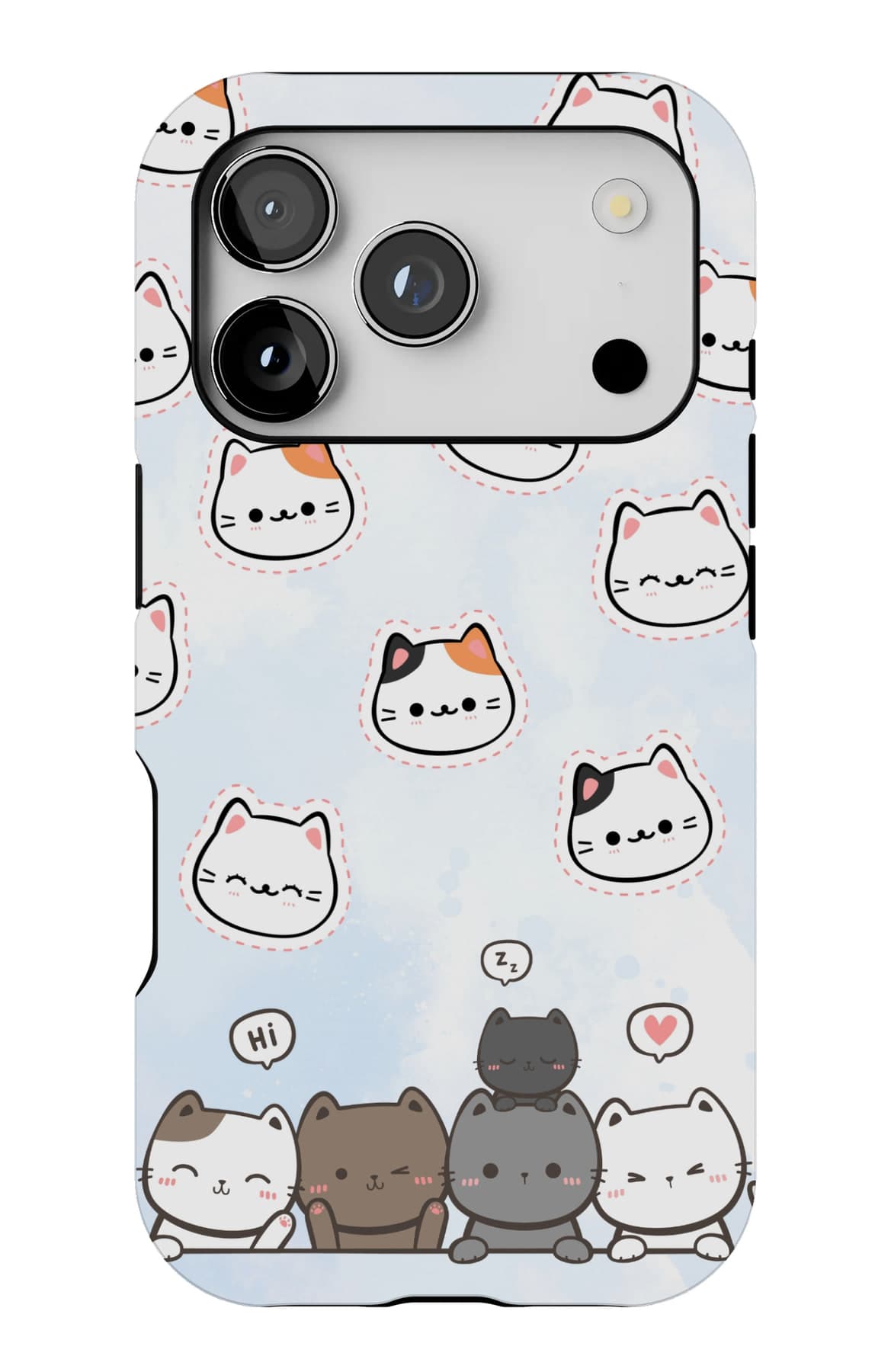 A row of very round cats on pale blue. Shown on an iPhone.