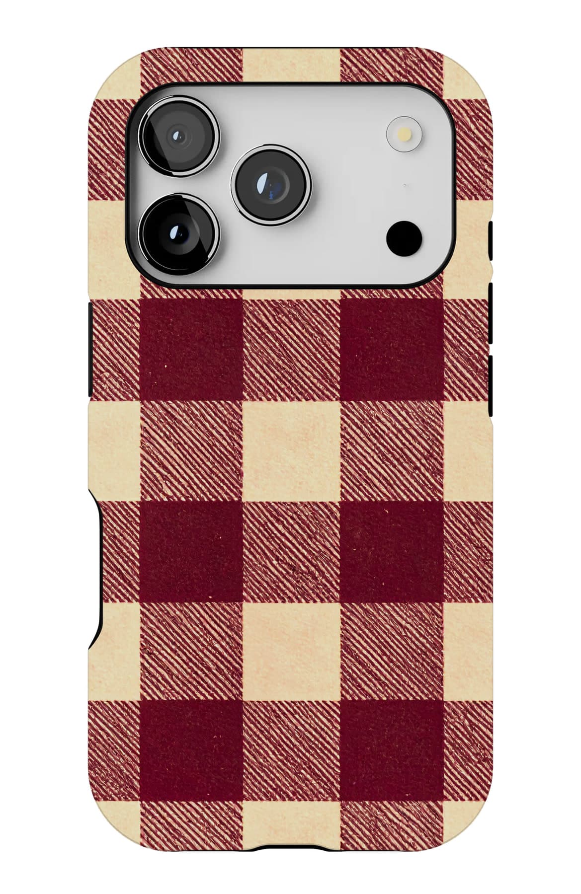 Sage and cream, lightly checked. Shown on an iPhone.