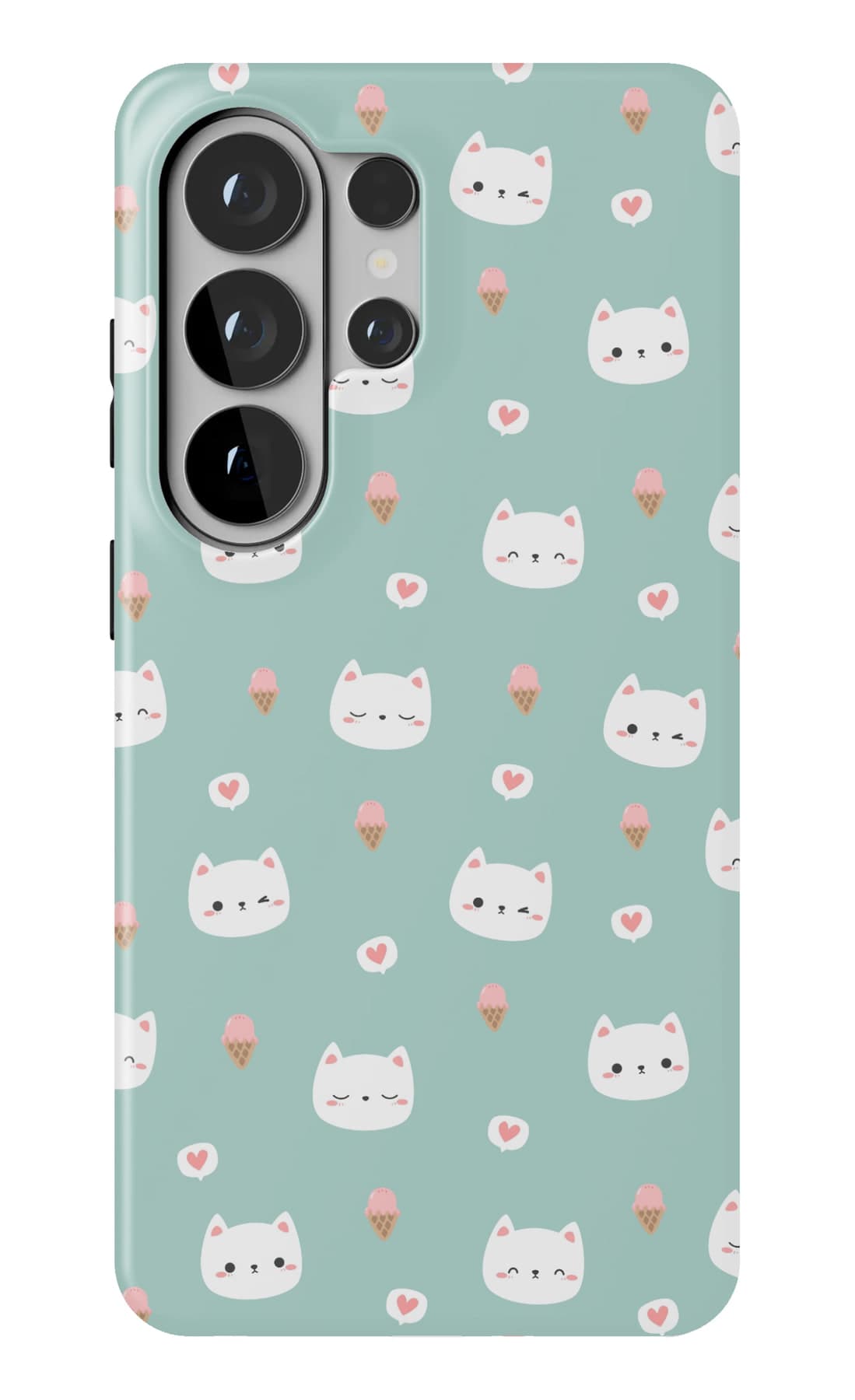 White cat faces and small flowers on sage. Shown on a Galaxy.