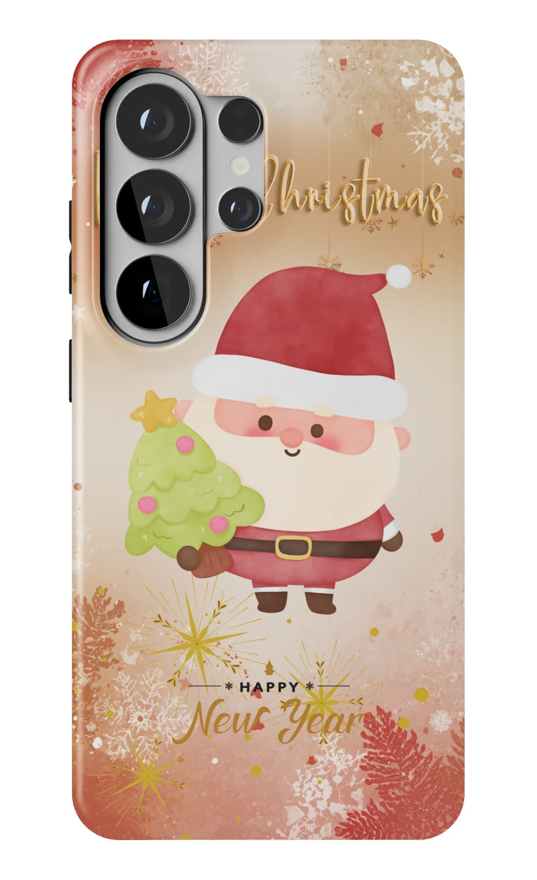 Santa and his fir, lit by a soft gold snowfall. Shown on a Galaxy.
