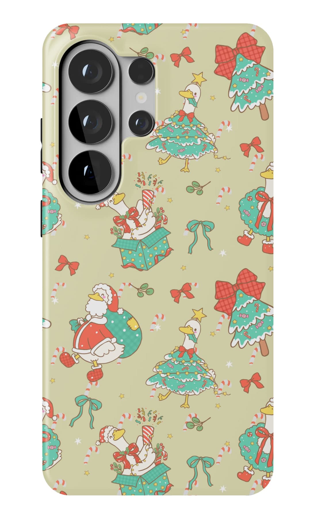 Santas, firs and ribbon scattered over olive. Shown on a Galaxy.