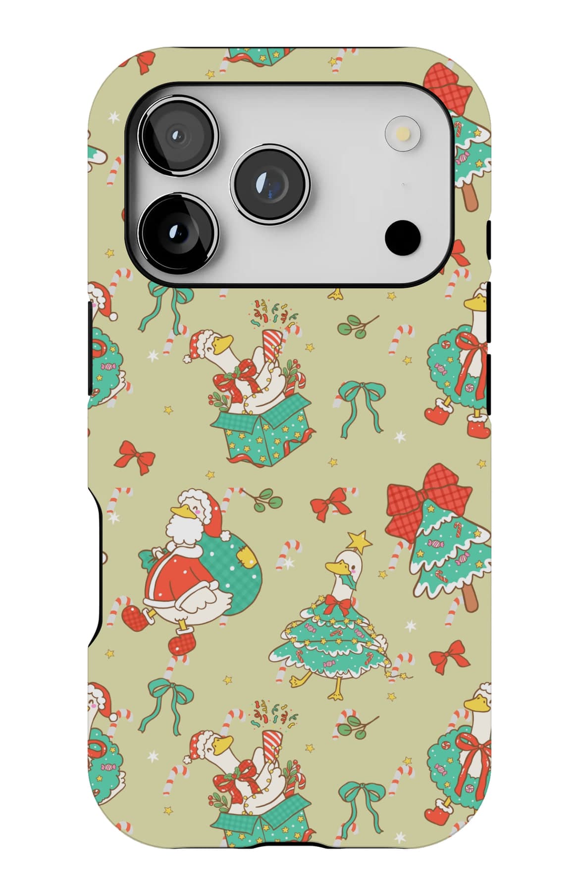 Santas, firs and ribbon scattered over olive. Shown on an iPhone.
