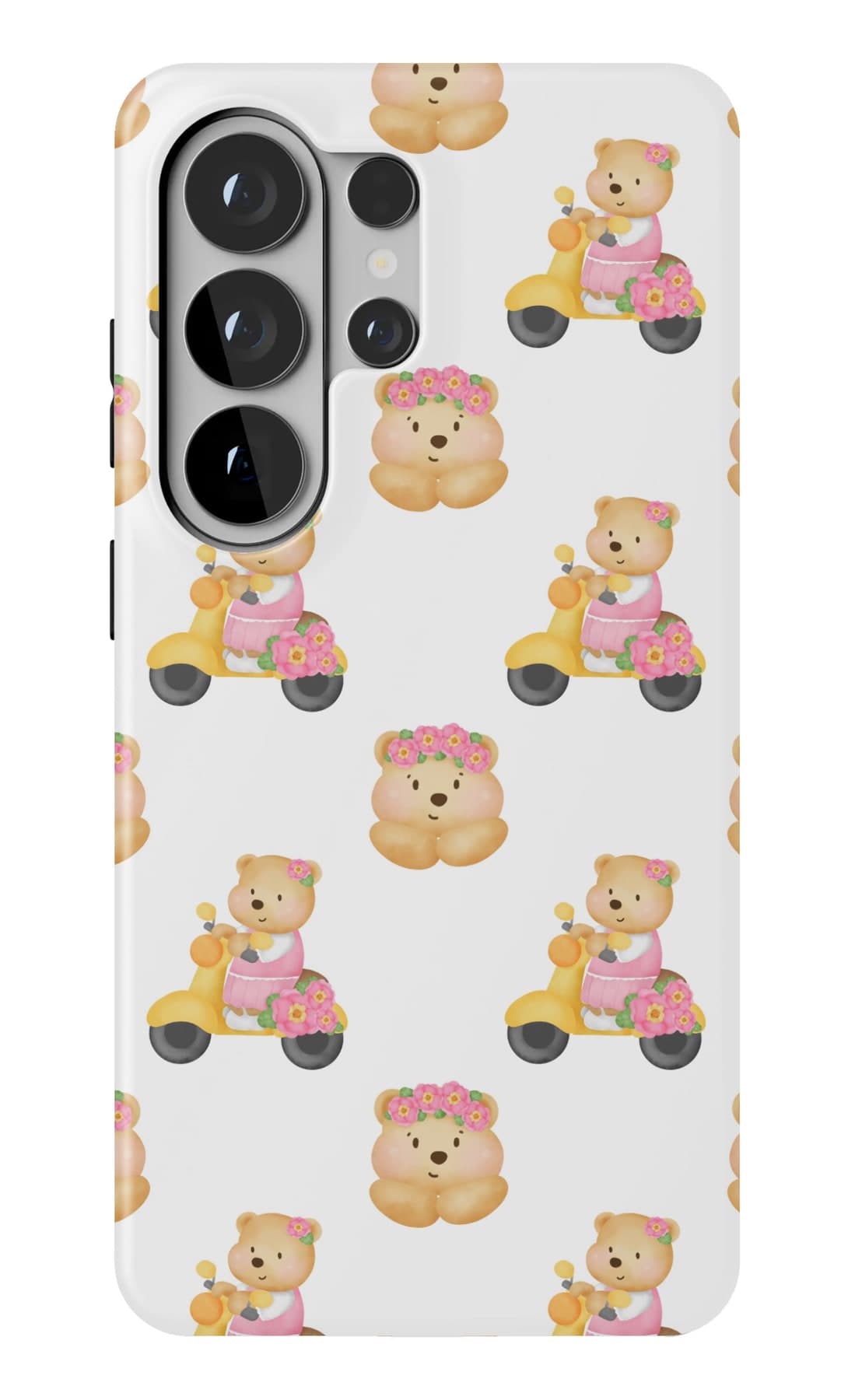 Bears riding scooters on cream. Shown on a Galaxy.