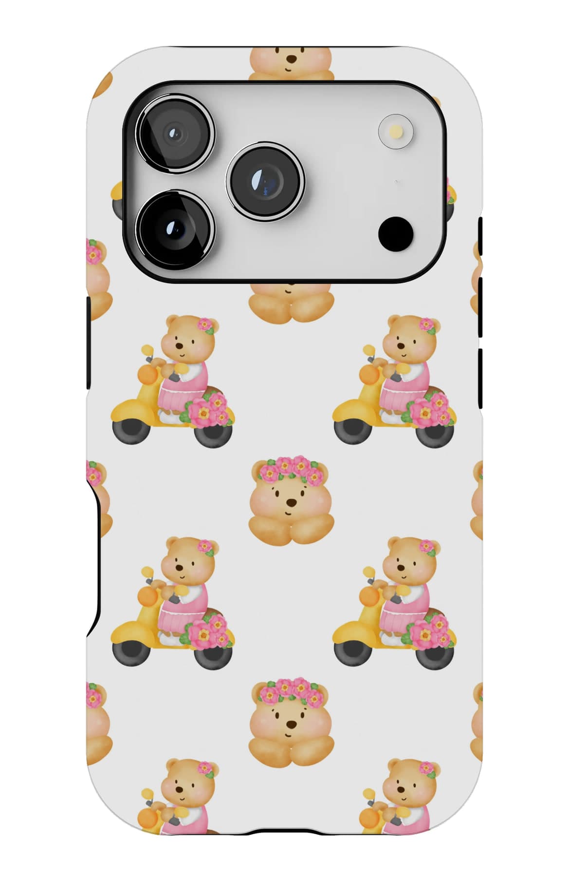 Bears riding scooters on cream. Shown on an iPhone.