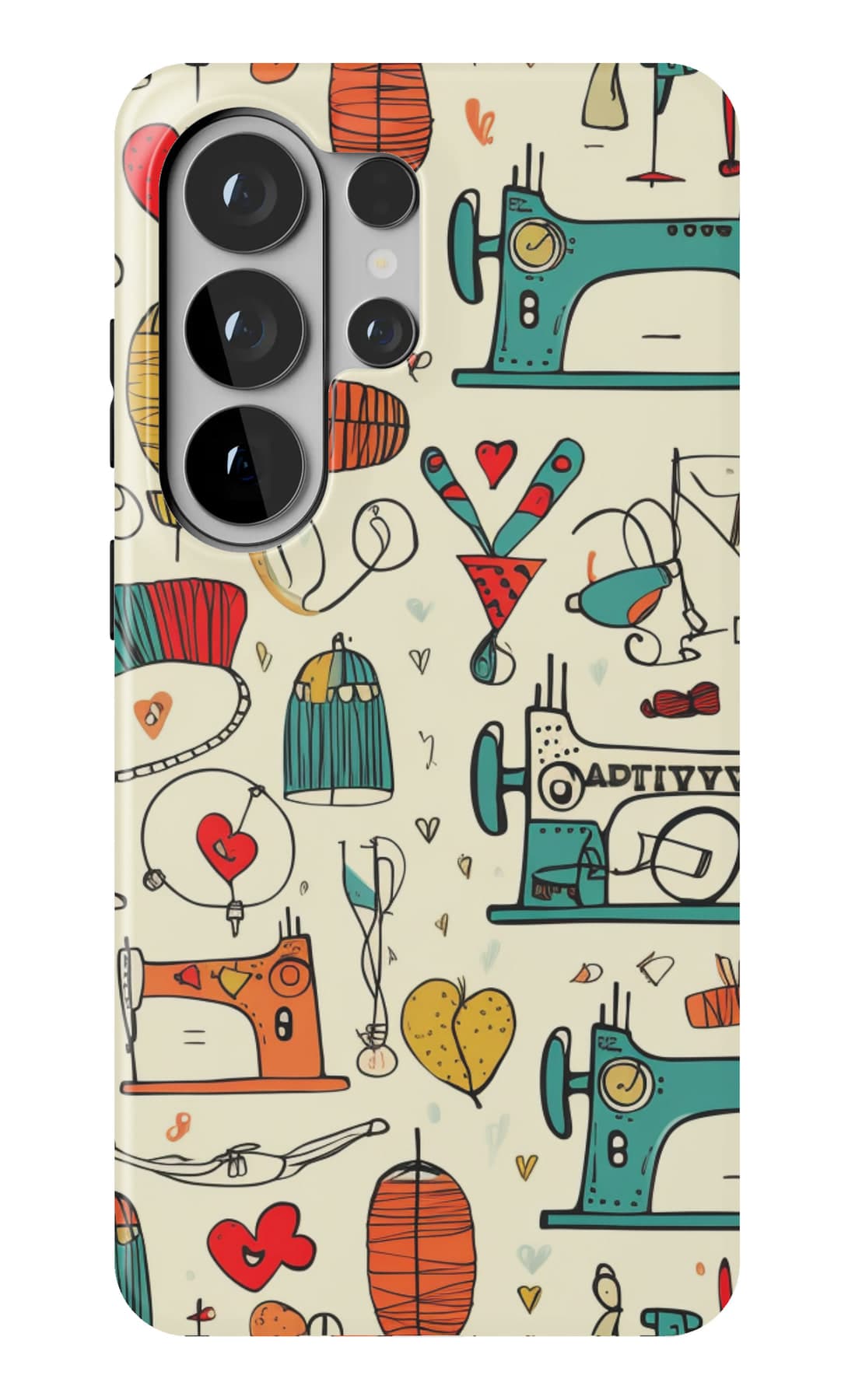 Sewing machines and hearts on warm cream. Shown on a Galaxy.