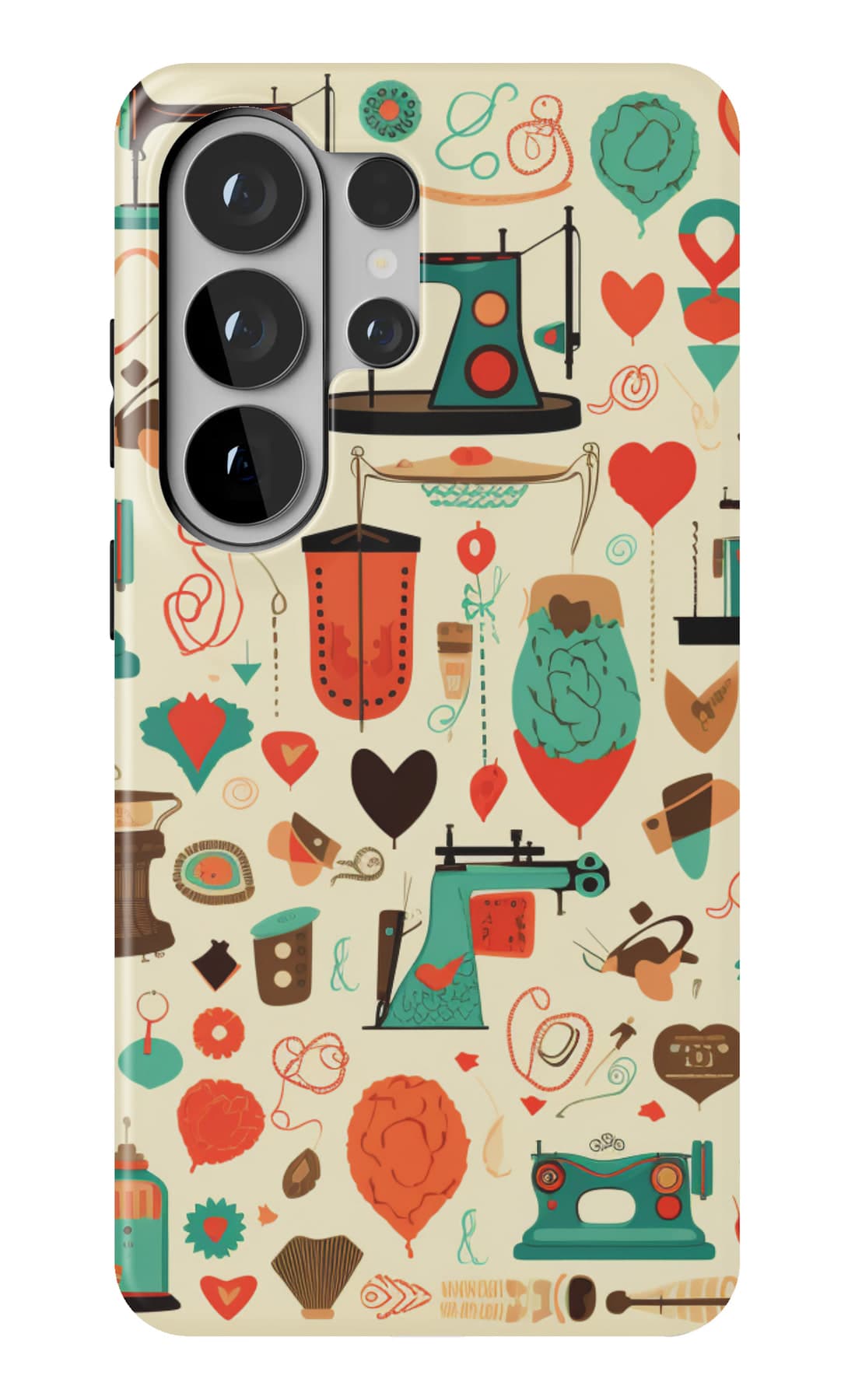 Sewing machines, reels and hearts on cream. Shown on a Galaxy.