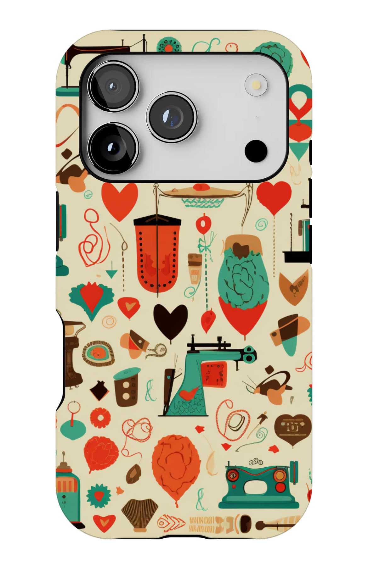 Sewing machines, reels and hearts on cream. Shown on an iPhone.