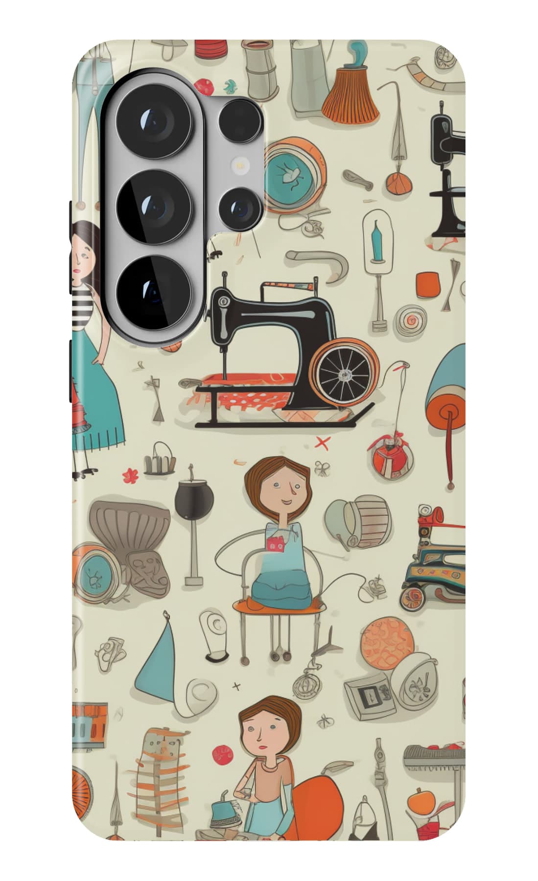 Figures, machines and fabric on cream. Shown on a Galaxy.