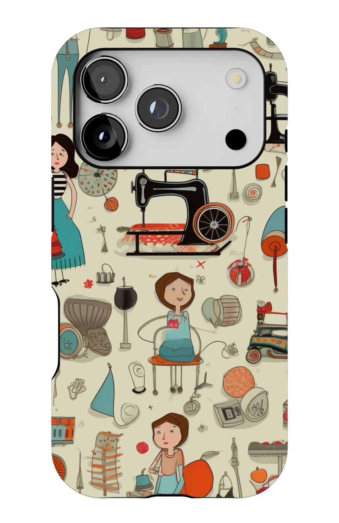 Figures, machines and fabric on cream. Shown on an iPhone.