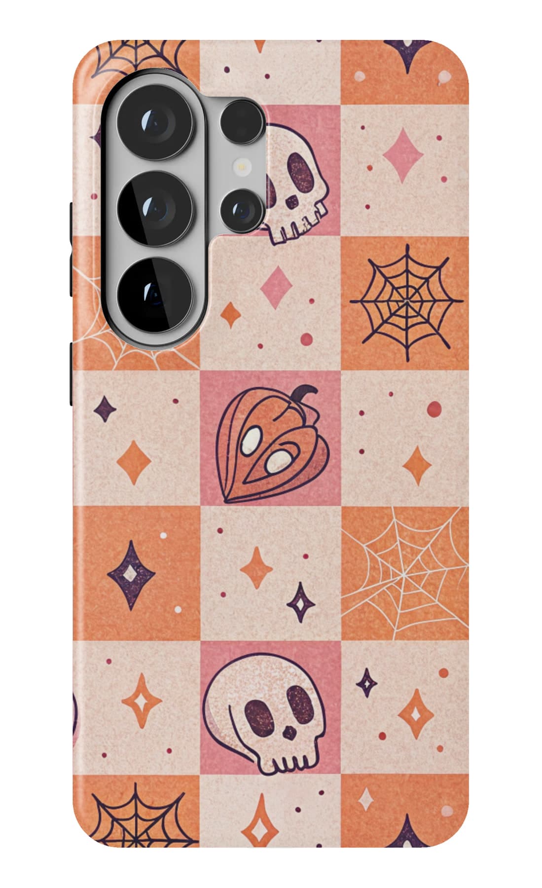 Skulls on a pink and cream checkerboard. Shown on a Galaxy.