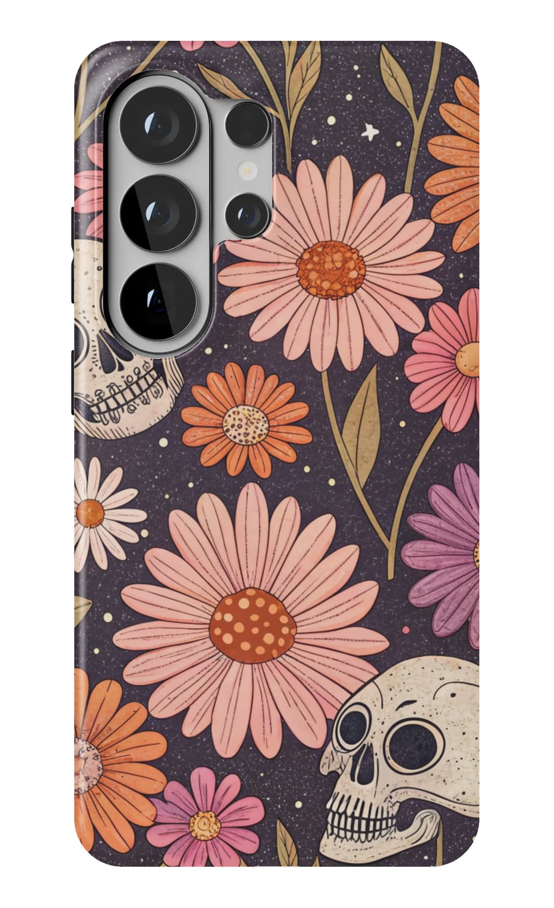 Skulls and bright daisies on black. Shown on a Galaxy.