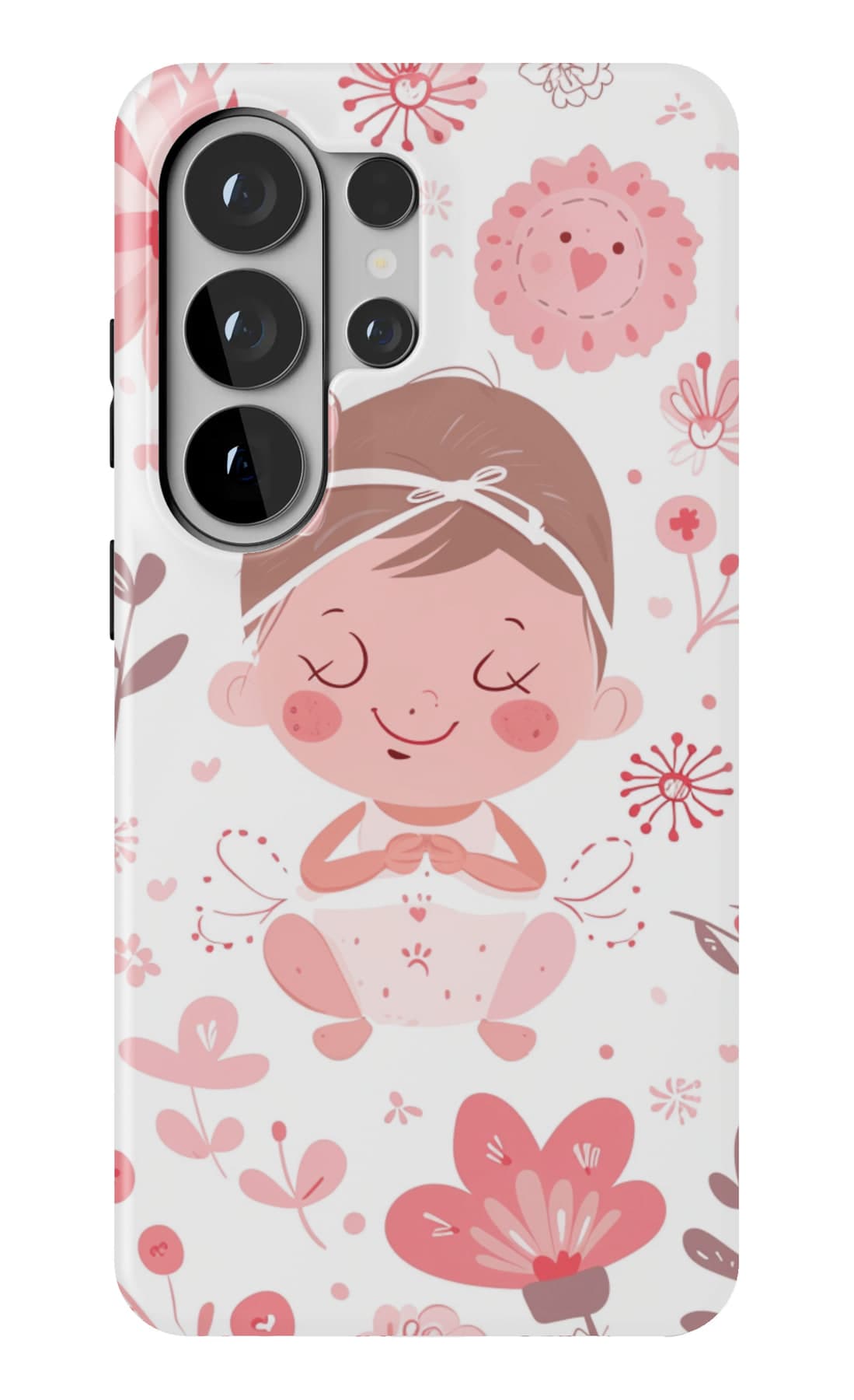 A sleeping baby among pink flowers. Shown on a Galaxy.