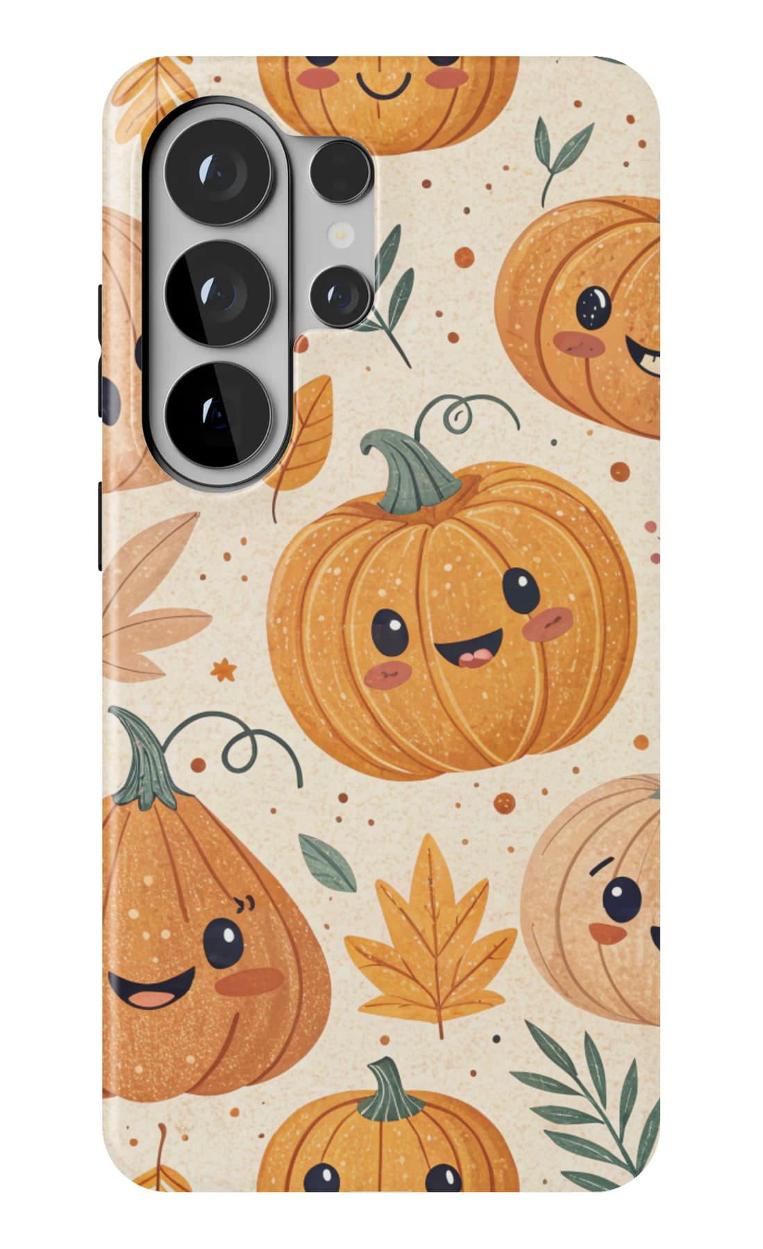 Rows of grinning pumpkins on cream. Shown on a Galaxy.
