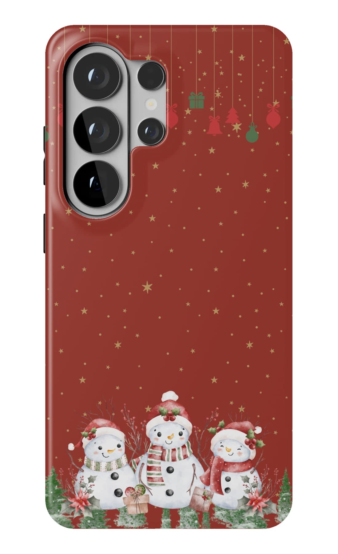 Snowmen and hanging baubles on a deep red ground. Shown on a Galaxy.