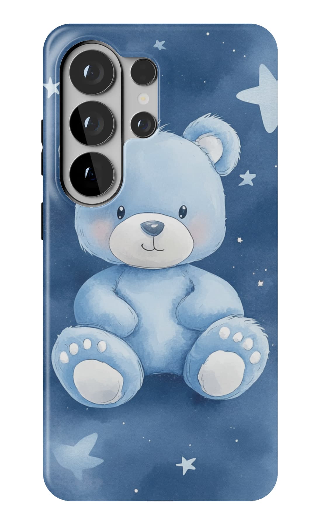 A blue teddy under navy stars. Shown on a Galaxy.