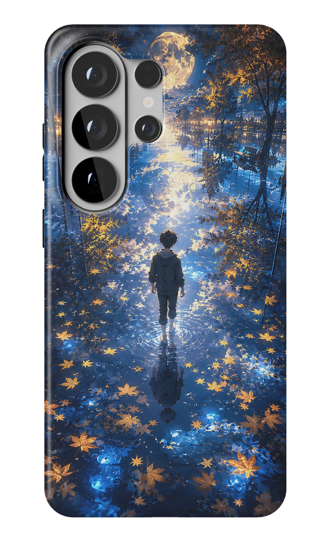 A figure walking into a lake of stars. Shown on a Galaxy.